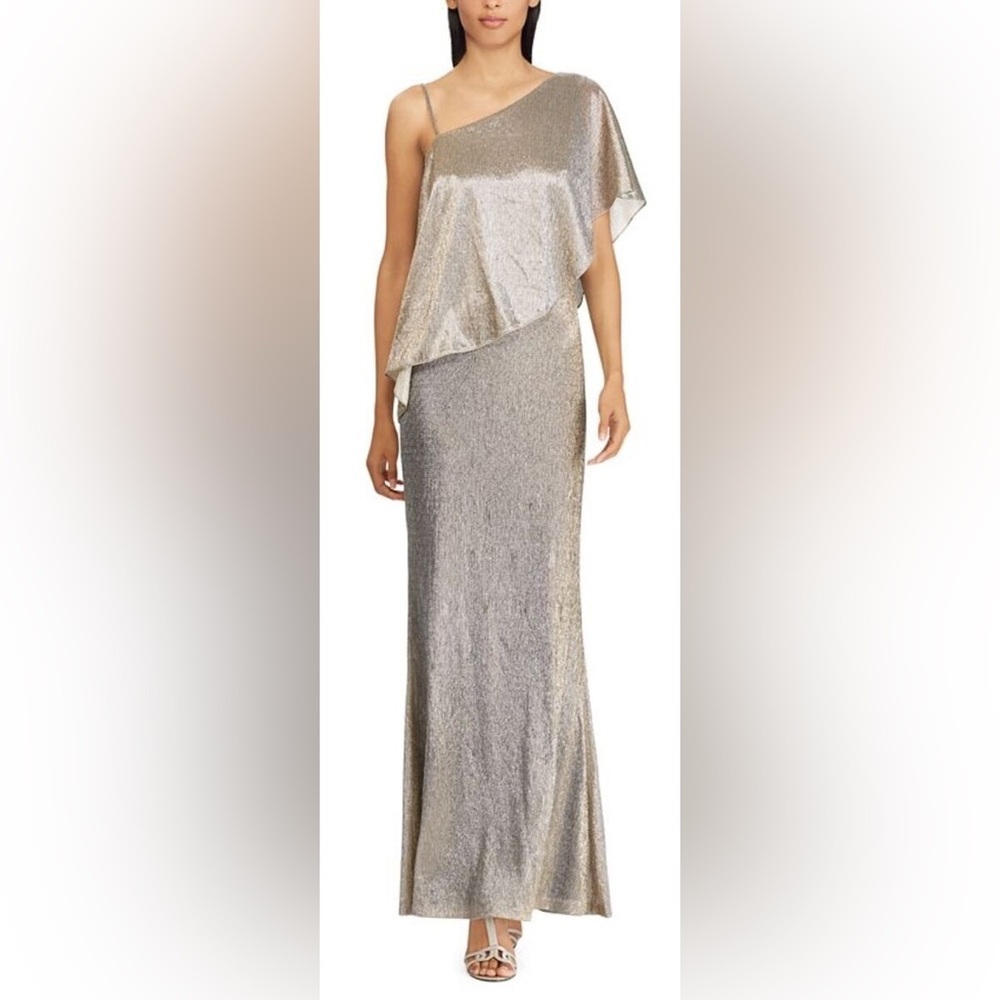 Lauren Ralph Lauren Gold Metallic One Shoulder Gown Maxi Dress‎
